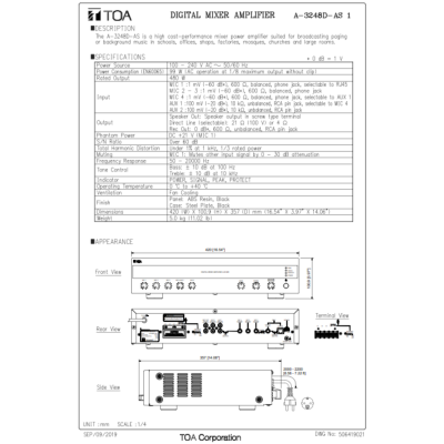 TOA A-3248D-AS | มิกเซอร์แอมป์ 480 วัตต์ 4 MIC , 2AUX
