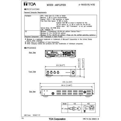 TOA A-5012 | ดิจิตอล มิกเซอร์แอมป์ แบบ 70V/100V 120 วัตต์ 2 MIC/LINE , 2 AUX Digital Mixer Amplifier 120W