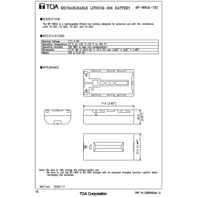 TOA BP-900A - Rechargeble Lithium-Ion Battery (TS-821, TS-822, TS-921, TS-922)