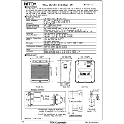 TOA | BS-633AT ลำโพงติดผนัง ดอก 5 นิ้ว 6 W