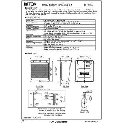 TOA | BS-633A ลำโพงติดผนัง ดอก 5 นิ้ว 6 W
