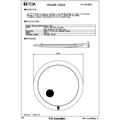 TOA CP-93 - Front Grille for CM-960 หน้ากากสำหรับ CM-960