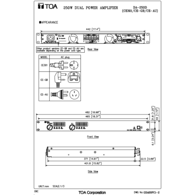 TOA DA-250D CE Dual Power Amplifier 250W x 2 (Bridge 500W x 1) เครื่องขยายเสียง 2x250 วัตต์