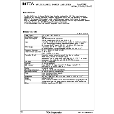 TOA DA-250FH - Power Amplifier เพาเวอร์แอมป์ 4 channel 4×250 วัตต์