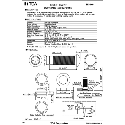 TOA EM-600 - Flush-Mount Boundary Microphone ไมโครโฟนฝังฝ้า ไมโครโฟนฝังเพดาน