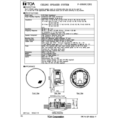 TOA F-2352SC ลำโพงฝังฝ้า ขนาด 6 วัตต์ ชนิดองศากว้าง ลำโพงติดเพดาน 2 Way 6W Ceiling Speaker