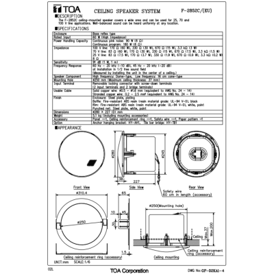 TOA F-2852C - ลำโพงเพดาน 60 วัตต์ 2 WAY ดอก 6 นิ้ว 100V Line