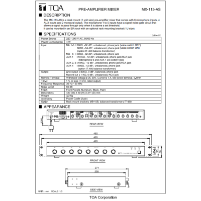 TOA MX-113-AS ปรีมิกเซอร์ Pre-Amplifier Mixer มิกเซอร์ & ปรีแอมป์ เครื่องขยายเสียง 4-IN/2-OUT