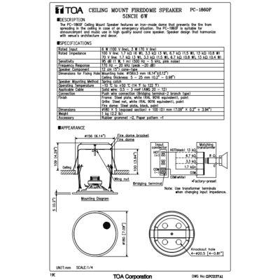TOA l PC-1860F ลำโพงเพดาน ชนิดกันไฟ 5 นิ้ว 6 W