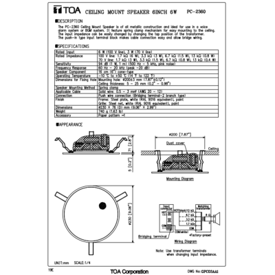 TOA PC-2360 ลำโพงติดเพดาน ลำโพงฝังฝ้า 6 วัตต์ 6 นิ้ว Ceiling speaker 6 inch 6 watt