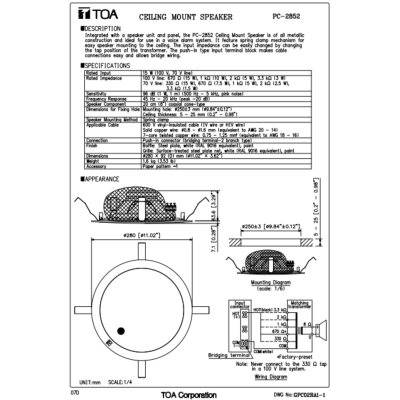 TOA l PC-2852 ลำโพงเพดาน 8 นิ้ว 15 W
