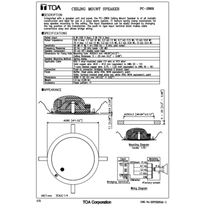 TOA l PC-2869 ลำโพงติดเพดาน 8 นิ้ว Ceiling Mount Speaker 6W