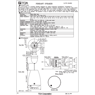 TOA Q-PE-304BK - ลำโพงติดเพดาน ขนาด 5 นิ้ว 30 วัตต์ Pendent Speaker 30W 2 Way