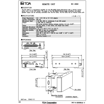 TOA RU-2002 - Amplifier Control Unit เพาเวอร์แอมป์ สำหรับใช้งานกับ PM-660