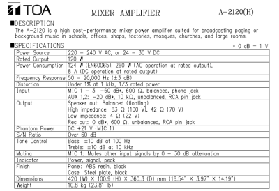 TOA A-2120 H | มิกเซอร์แอมป์ 120 วัตต์ MONO 3 MIC , 2 AUX Mixer Power Amplifier 120W