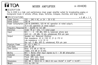 TOA A-2240 H | มิกเซอร์แอมป์ 240 วัตต์ MONO 3 MIC , 2 AUX Mixer Power Amplifier 240W