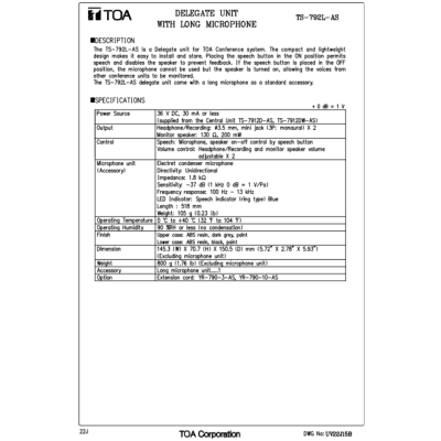 TOA TS-792L-AS - ไมโครโฟนประชุมสำหรับผู้เข้าร่วมประชุม