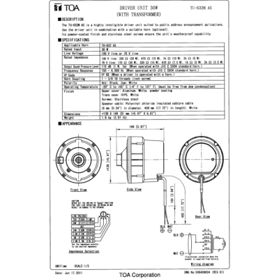 TOA TU-632M AS | ไดร์เวอร์ลำโพงฮอร์น พร้อมแมทชิ่ง Driver Unit 30W (with Transfomer)