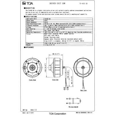 TOA TU-632 AS | ไดร์เวอร์ลำโพงฮอร์น Driver Unit 30W