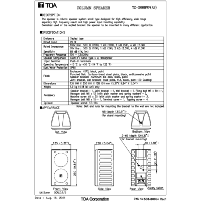 TOA TZ-206BWP AS | ตู้ลำโพงคอลัมน์ 20W 2*4 นิ้ว สีดำ (ใช้ภายนอก)