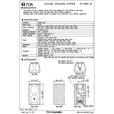 TOA TZ-206B AS | ตู้ลำโพงคอลัมน์ 20W 2*4 นิ้ว สีดำ