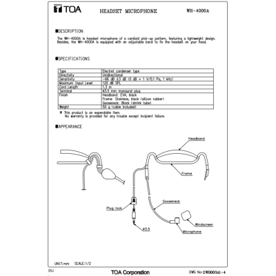 TOA WH-4000A ไมโครโฟนคาดศีรษะ ไมค์คาดหัว