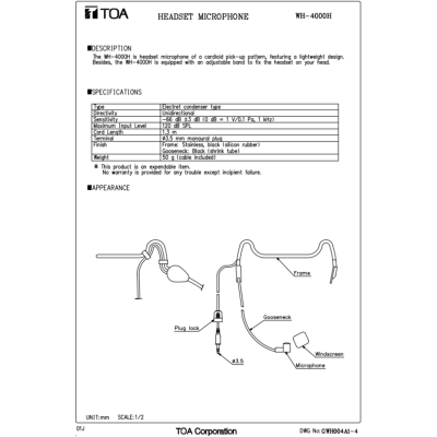 TOA WH-4000H - ไมโครโฟนแบบครอบศีรษะ, ไมค์ครอบหัว Headset microphone, Head-Worn Microphone