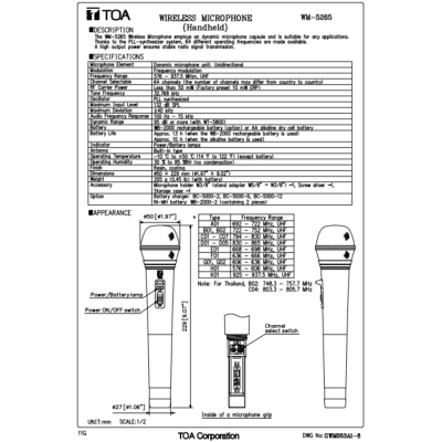 TOA WM-5265 - Wireless Microphone (Handheld) ไมโครโฟนไร้สายแบบไดนามิก คลื่นความถี่ 803 - 806 MHz
