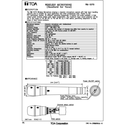 TOA WM-5270 - Wireless Microphone (Handheld) ไมโครโฟนไร้สาย ย่าน UHF
