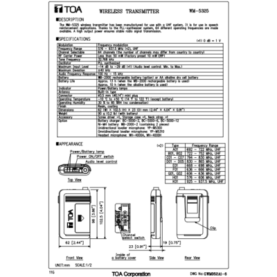 TOA WM-5325 - Wireless Transmitter เครื่องส่งสัญญาณไมโครโฟนไร้แบบพกพา ย่าน UHF