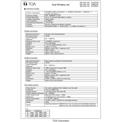 TOA WS-402-AS - ชุดไมค์ลอยมือถือเดี่ยว และไมค์หนีบปกเสื้อ ย่าน UHF