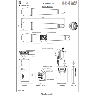 TOA WS-402-AS - ชุดไมค์ลอยมือถือเดี่ยว และไมค์หนีบปกเสื้อ ย่าน UHF