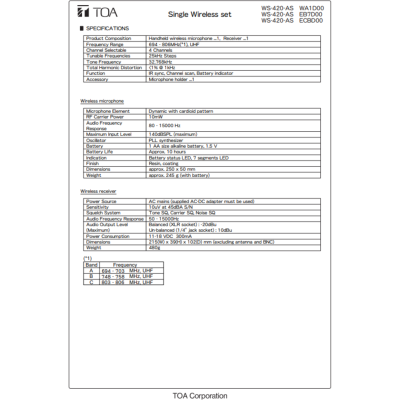 TOA WS-420-AS -  ชุดไมค์ลอยเดี่ยว ย่านความถี่ UHF