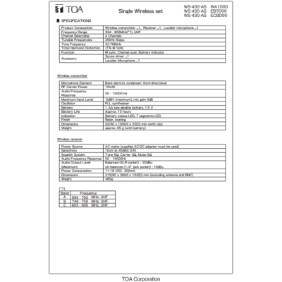 TOA WS-430-AS - Single Channel Wireless Set ชุดไมโครโฟนไร้สาย แบบหนีบปกเสื้อ