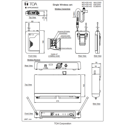 TOA WS-430-AS - Single Channel Wireless Set ชุดไมโครโฟนไร้สาย แบบหนีบปกเสื้อ