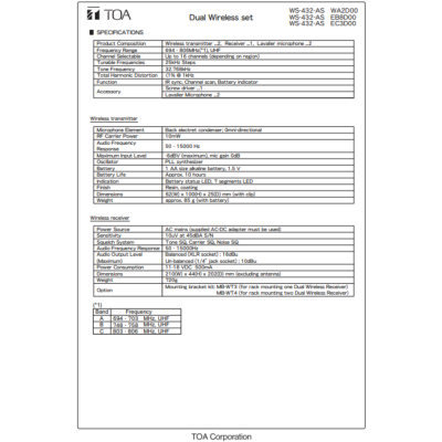 TOA TOA WS-432-AS - Dual Channel Wireless Set ชุดไมโครโฟนไร้สาย แบบหนีบปกเสื้อ