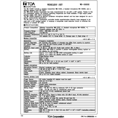 TOA WS-5325H - Wireless Set ชุดไมโครโฟนไร้สายแบบช่องสัญญาณเดียว พร้อมไมค์แบบคล้องศีรษะ