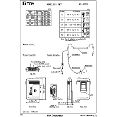 TOA WS-5325H - Wireless Set ชุดไมโครโฟนไร้สายแบบช่องสัญญาณเดียว พร้อมไมค์แบบคล้องศีรษะ