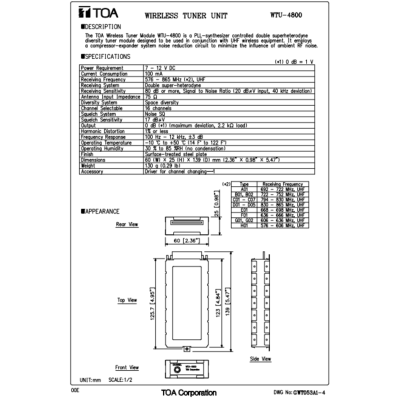 TOA WTU-4800 - UHF Wireless Tuner Unit ยูนิตเครื่องรับสัญญาณไร้สาย ย่าน UHF