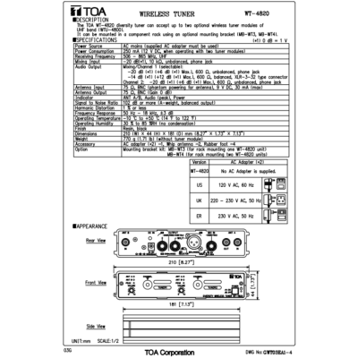 TOA WT-4820 - UHF Wireless Tuner เครื่องรับสัญญาณไร้สายแบบ Dual Channel ย่าน UHF