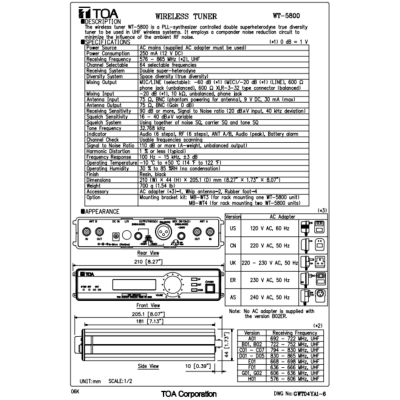 TOA WT-5800 - UHF Wireless Tuner  เครื่องรับสัญญาณไมค์ไร้สาย ย่าน UHF