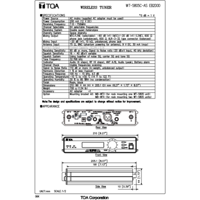 TOA WT-5805C - UHF Wireless Tuner เครื่องรับสัญญาณไมค์ไร้สาย ย่าน UHF