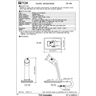 TOA PM-660 ไมโครโฟนสำหรับระบบประกาศ ตั้งโต๊ะ Paging Microphone (Phone plug)
