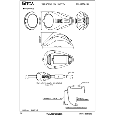 TOA ER-1000A-BK โทรโข่งคาดเอว ชุดเครื่องเสียงแบบคาดเอว ไมค์คาดเอว ไมค์ไกด์พากย์ทัวร์