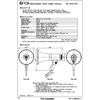 TOA ER-2215W โทรโข่งสะพายไหล่ 23W มีเสียงนกหวีด เสียงไกล 400 เมตร