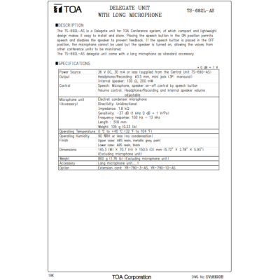 TOA TS-692-L AS | ไมค์ประชุม สำหรับผู้ร่วมประชุม Delegate Unit (Set)