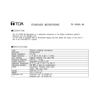 TOA TS-D1000-M1 ก้านไมค์ประชุม สำหรับ TS-D1000 แบบ condenser ความยาว 51.8 มม.