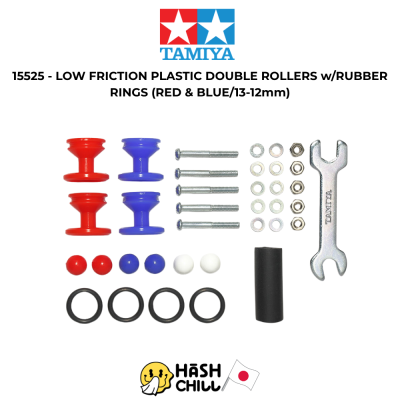 TAMIYA 15525 - LOW FRICTION PLASTIC DOUBLE ROLLERS w/RUBBER RINGS (RED & BLUE/13-12mm)