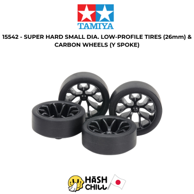 TAMIYA 15542 - SUPER HARD SMALL DIA. LOW-PROFILE TIRES (26mm) & CARBON WHEELS (Y SPOKE)