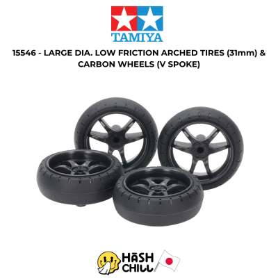 TAMIYA 15546 - LARGE DIA. LOW FRICTION ARCHED TIRES (31mm) & CARBON WHEELS (V SPOKE)